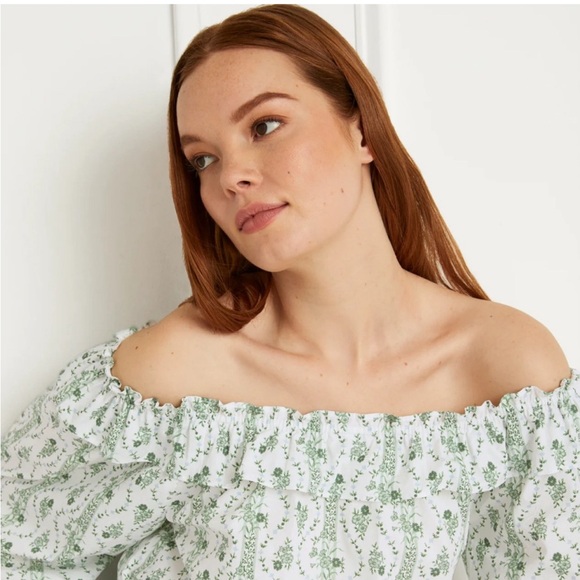 Hill House Lena Top Green Vine Small ruffle off shoulder cotton blouse - Picture 2 of 9